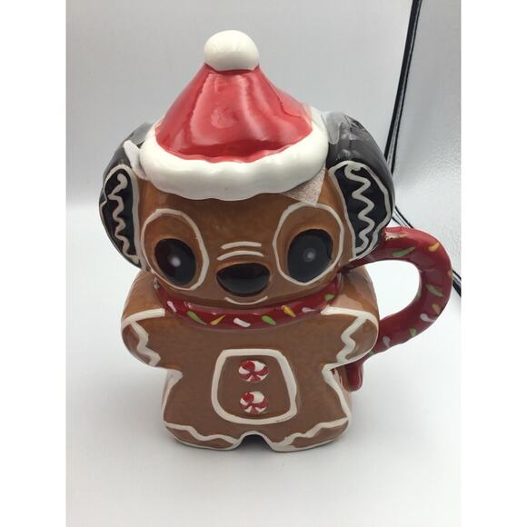 Disney Stitch Gingerbread Cookie Christmas Mug With Santa Hat Topper NEW - Picture 1 of 7